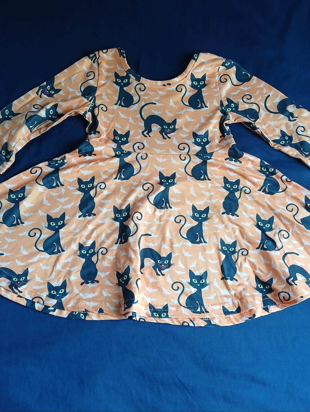 Girls Long Sleeve Cat Print Skater Dress - Orange & Black Size XXS (3-4)